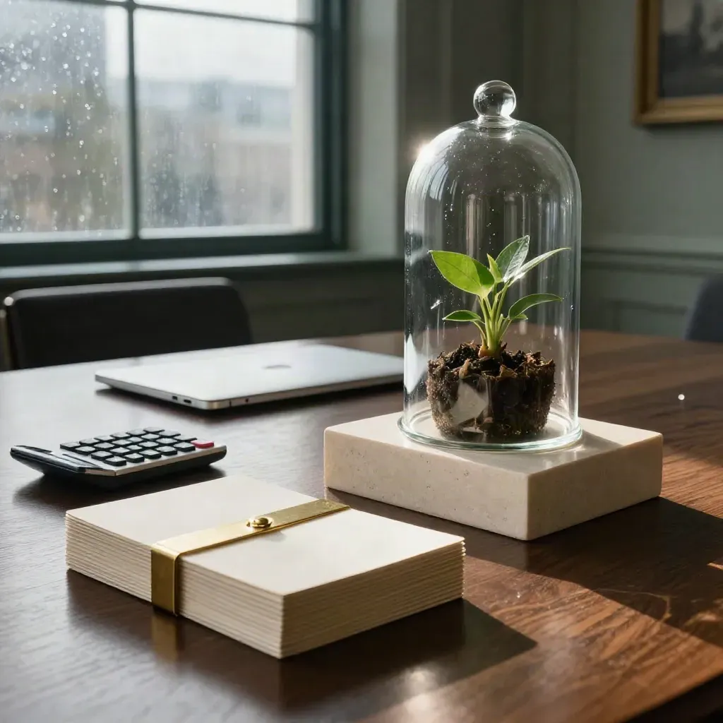 Luxury boardroom still life with pitch cards, calculator, laptop, cloche and stone blocks in dawn rain light