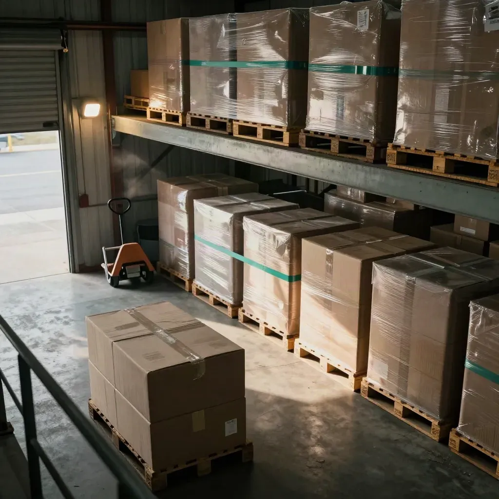 Warehouse mezzanine with cartons, hand truck, and wrapped inventory in late-afternoon dock light.