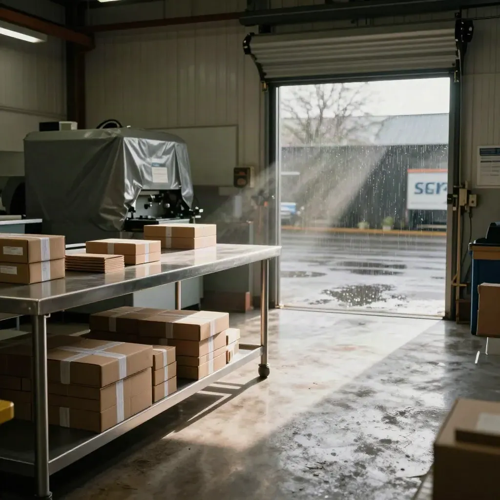 Midlands workshop with steel bench, sample cartons, covered machine and rain-wet loading door.