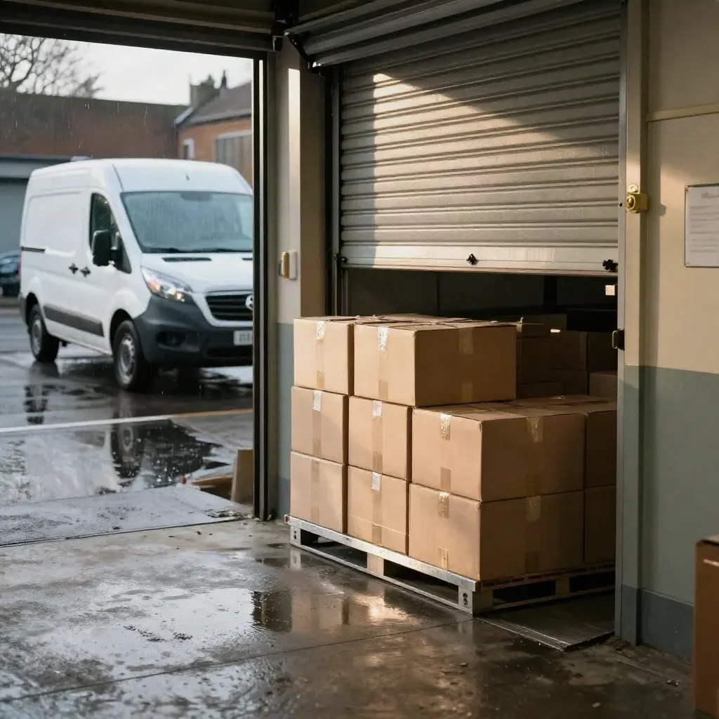 Rainy Birmingham loading bay with cartons, steel worktable and van reflections in wet shutters.