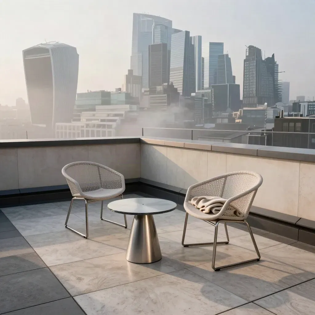 Fog lifting over a dawn rooftop terrace with sculptural chairs and the City skyline.