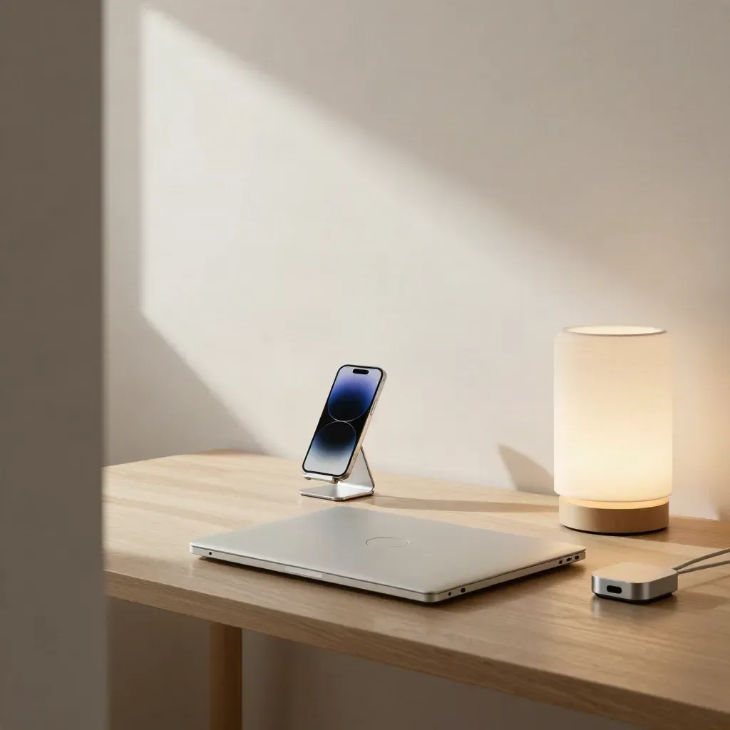 Closed laptop, prototype phone and lamp in a quiet minimalist studio at dusk.
