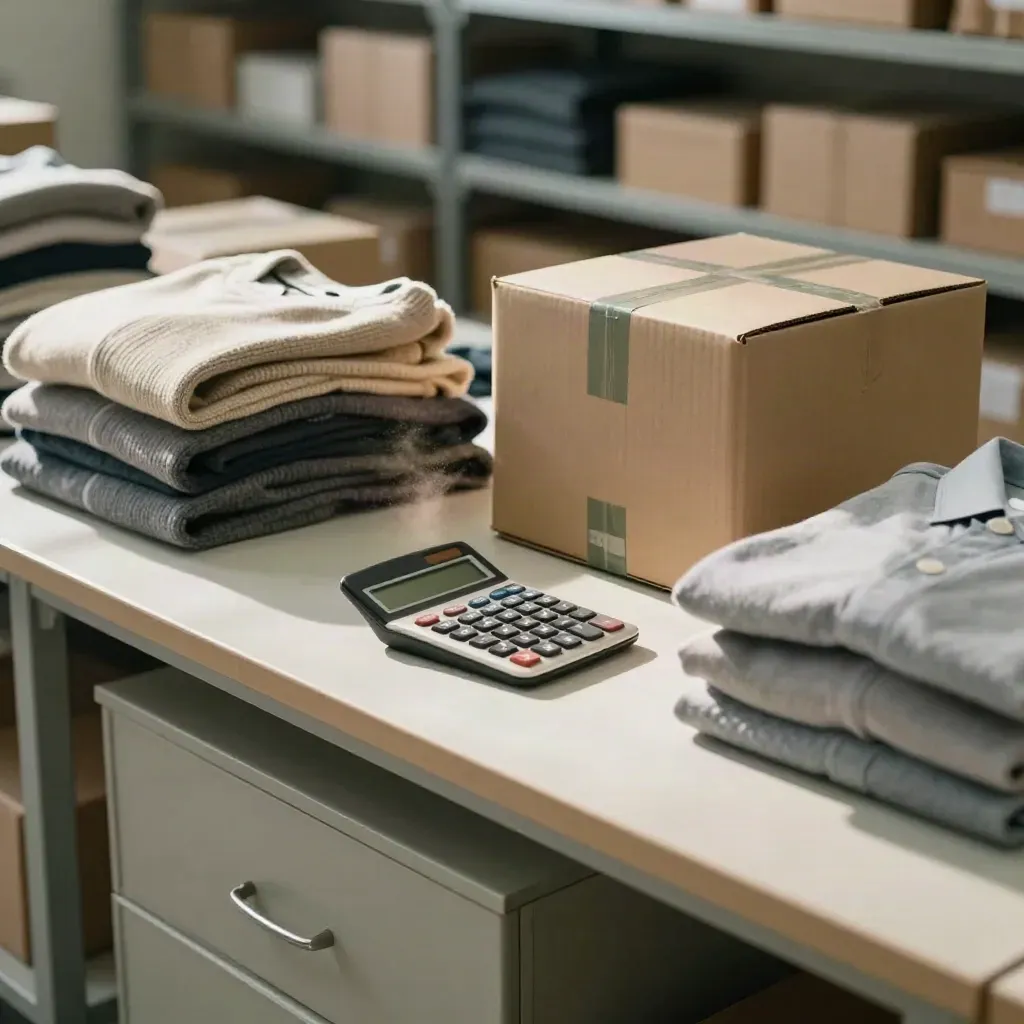 Stockroom table with folded garments, closed till drawer and calculator in warm late-afternoon light.