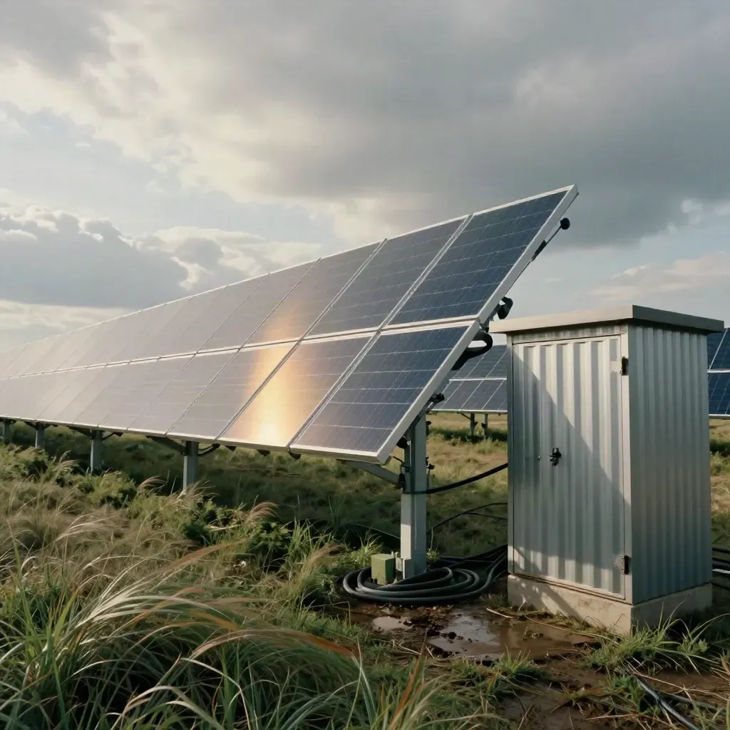 Solar panels, coiled cable and a control hut in wind-swept grass under a break in cloud.