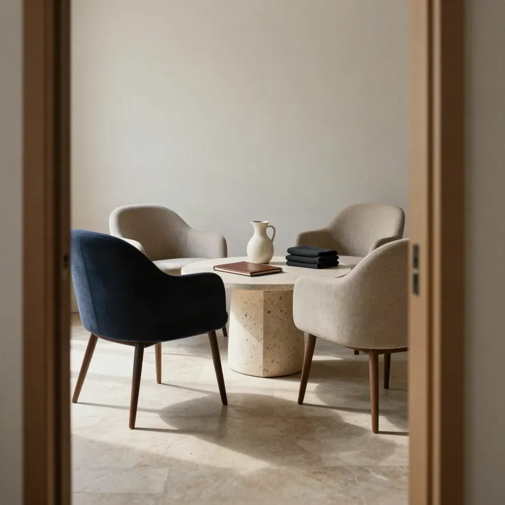 Quiet advice room with three angled chairs, a closed folder, and ceramic carafe in late sun.