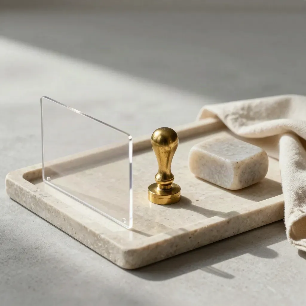 Stone tray with acetate file sleeve, brass seal stamp and paperweight on a neutral surface.